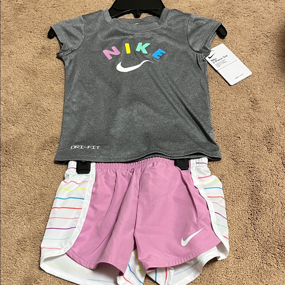 Nike Multicolor Logo Gray Tee and Pink Shorts Set